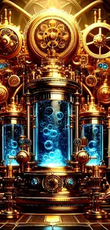 Steampunk gear machine with golden glow and blue accents, intricate technology theme.