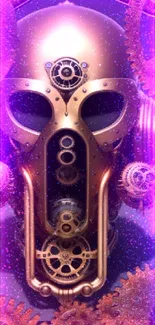 Steampunk gear mask design with brass gears and clockwork details.