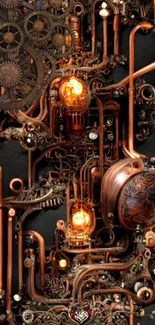 Intricate steampunk gear mechanism with glowing tubes on a dark background.