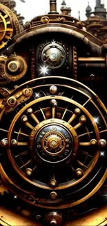 Golden steampunk gears creating a mechanical design on a mobile wallpaper.