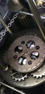 Intricate steampunk gear mechanism with brass wheels and chains.