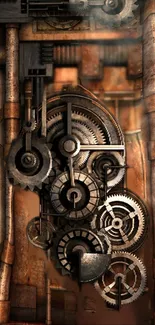 Intricate steampunk gear and mechanism wallpaper in a rustic metallic design.