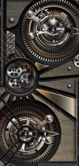 Steampunk wallpaper featuring detailed gears and cogs in bronze and metal hues.