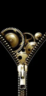 Golden steampunk gears and zipper on black wallpaper.