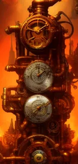 Steampunk mobile wallpaper with gears and fiery orange backdrop.