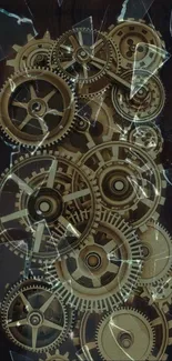 Steampunk gears mobile wallpaper with dark background and golden details.