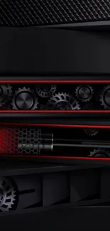 Steampunk gear and machinery wallpaper with dark and red elements.