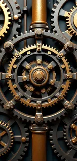 Intricate steampunk gears and cogs in bronze tones.