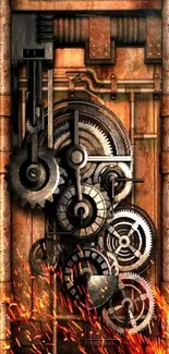 Intricate steampunk gears with flying sparks on a copper-toned background.