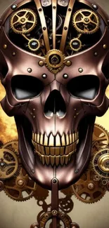 Steampunk skull with gears and bronze details wallpaper.