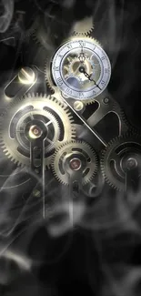 Steampunk gears and clock with smoke on a dark background.