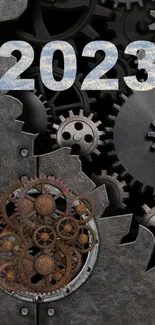 Steampunk 2023 wallpaper with metallic gears and industrial design.