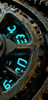 Steampunk gear with neon blue numbers glowing.