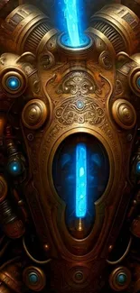 Intricate steampunk gear with glowing blue neon center.