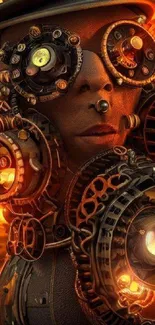 Steampunk gearhead wallpaper with warm orange tones and intricate details.