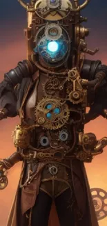 Steampunk humanoid in a gear-laden suit against a fantasy background.