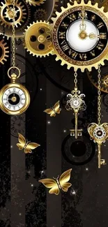 Steampunk wallpaper with golden gears and clocks.