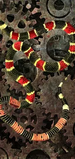 Steampunk gears with colorful snake on wallpaper design.