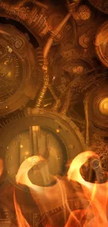 Steampunk gears and cogs mobile wallpaper with an orange-brown hue.