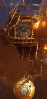 Steampunk machinery with glowing gears in golden brown hues, creating vintage allure.