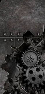 Dark steampunk gears wallpaper with intricate metal design.