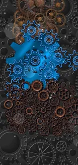 Steampunk wallpaper with blue and brown gears on dark background.