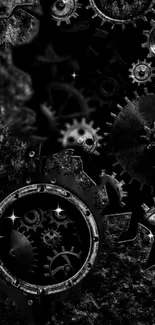 Black and white steampunk gears wallpaper, featuring intricate mechanical designs.