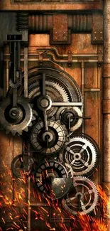 Steampunk gears with fiery sparks in a mobile wallpaper.