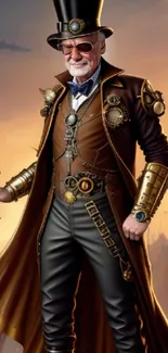 Steampunk warrior gentleman in a cityscape with futuristic elements.