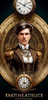 Steampunk gentleman with vintage clock and ornate design.