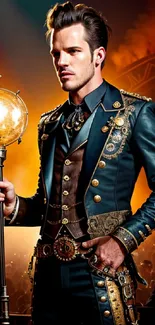 Steampunk gentleman in detailed attire with a dramatic, vintage background.