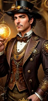 Steampunk gentleman portrait with golden orb and intricate details.