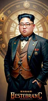 Steampunk gentleman in vintage attire with copper clockwork background.