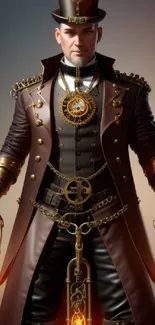 Steampunk gentleman with chains and vintage attire.