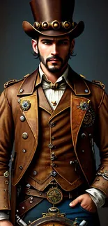 Steampunk styled gentleman in brown attire with a classic vintage look.