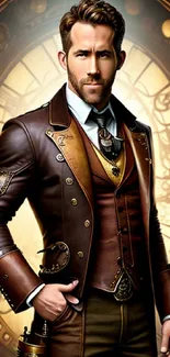 Steampunk gentleman in vintage attire with mechanical backdrop.