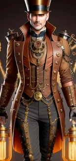 Steampunk gentleman in bronze attire holding lanterns.