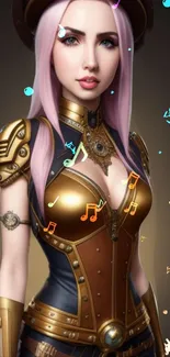 Steampunk fantasy girl with musical notes background.