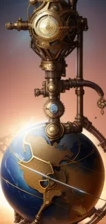 Steampunk globe with mechanical intricate designs on a fantasy art wallpaper.