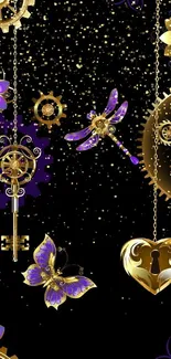 Steampunk wallpaper with gold gears, butterflies, and keys on a black background.