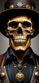 Gold skull art with steampunk attire and hat.