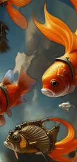 Steampunk-inspired goldfish swimming through a mystical sky.