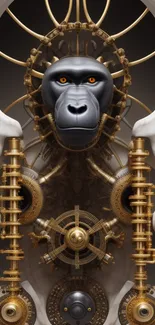 Steampunk gorilla head with metallic gears in intricate design.