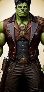 Steampunk green giant with leather attire in artistic style wallpaper.