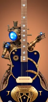 Steampunk guitar with robot arm in blue and gold hues set against a brown background.