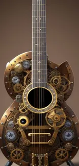 Steampunk guitar with intricate gears and metallic design on brown background.