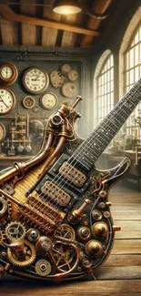 Steampunk guitar with gears and vintage design in a cozy room.