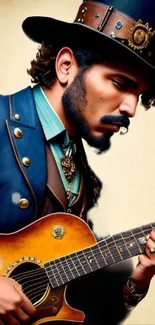 A steampunk guitarist in blue attire playing an acoustic guitar.