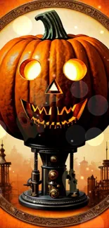 Steampunk pumpkin art with glowing face in orange Halloween theme.