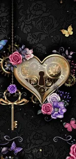 Steampunk heart with gears and butterflies on black background.